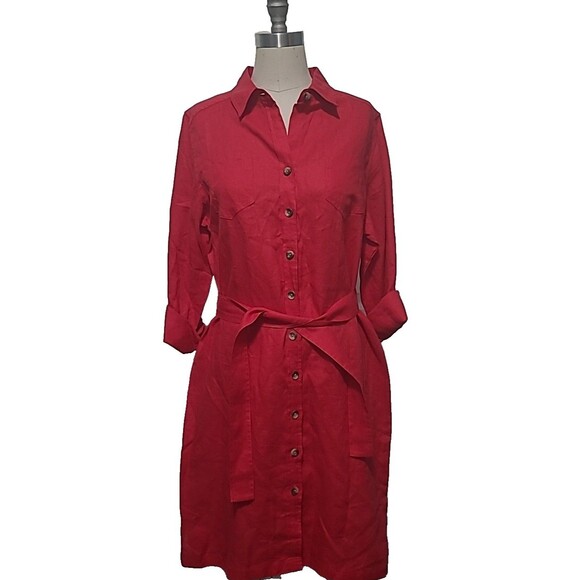 Pendleton Shirt Dress Womens L Crimson Red Linen Long Sleeve Button Up Belted - Picture 1 of 15